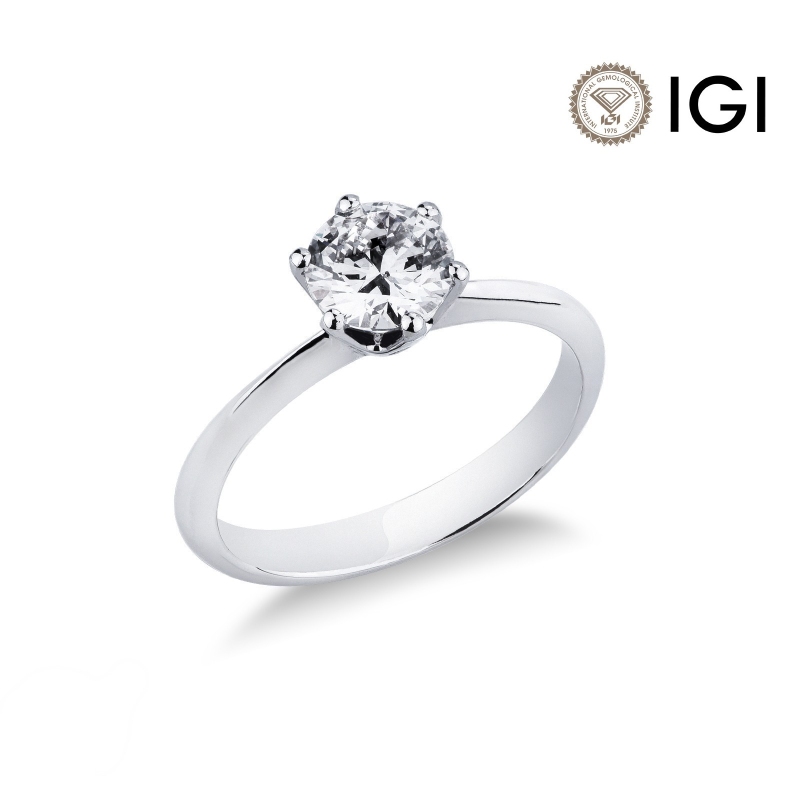 Bague à six griffes or blanc 18 ct avec diamant