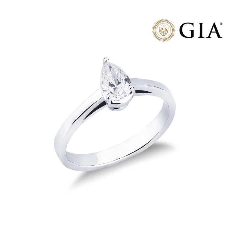 Bague solitaire or blanc 18k avec diamant poire GIA 0.30 ct