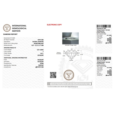 Diamant Certifié IGI 0.51 CT F VVS1