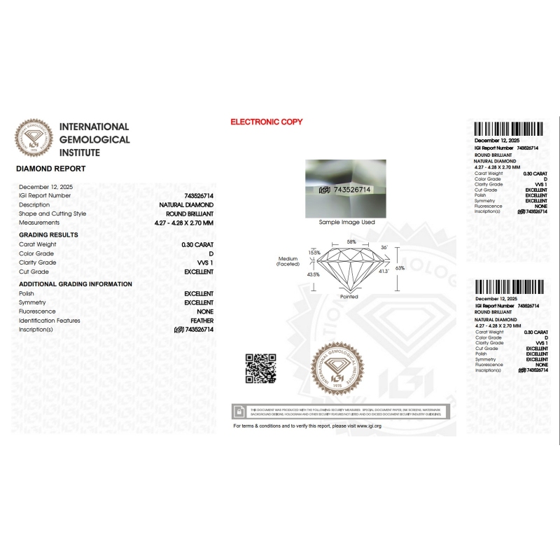 Diamant Certifié IGI  0.30 CT D VVS1