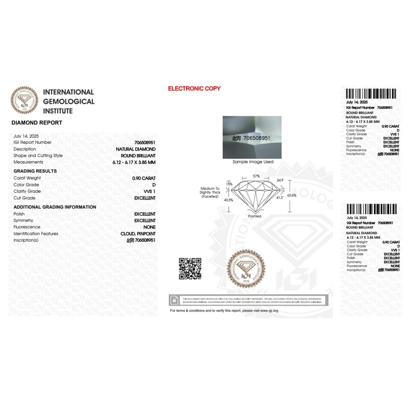 Diamant Certifié IGI 0.90CT D VVS1