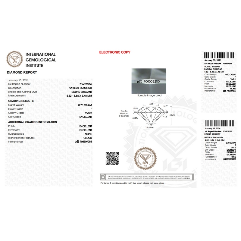 Diamant Certifié IGI  0.70CT F VVS2 