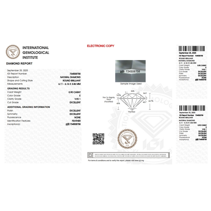 Diamant Certifié IGI 0.90CT E VVS1