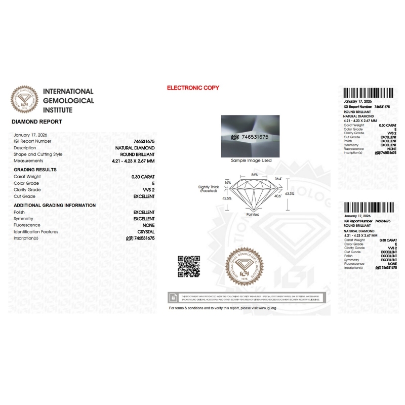 Diamant Certifié IGI  0.30 CT E VVS2