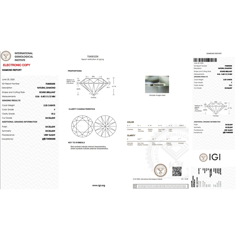 Diamant Certifié IGI  2.20 CT F VS2