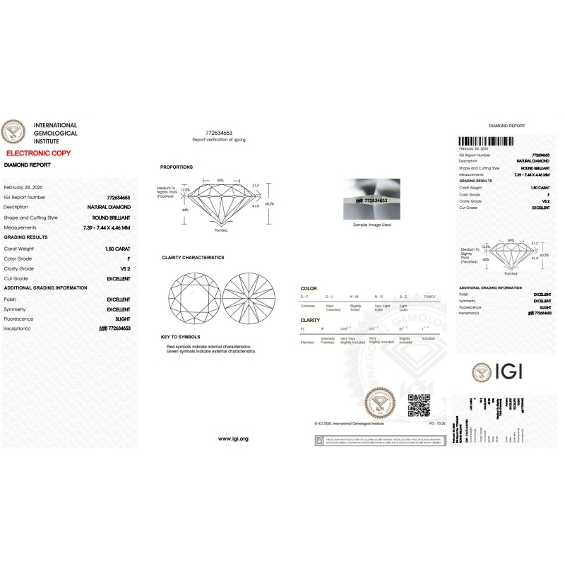 Diamant Certifié IGI  1.50 CT F VS2