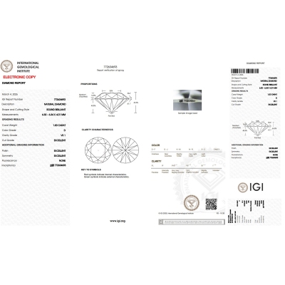 Diamant Certifié IGI 1.00 CT D VS1 