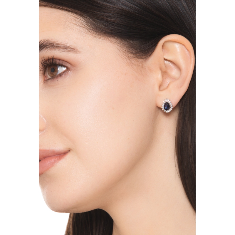 Boucles d’oreilles or blanc 18K saphirs goutte et diamants