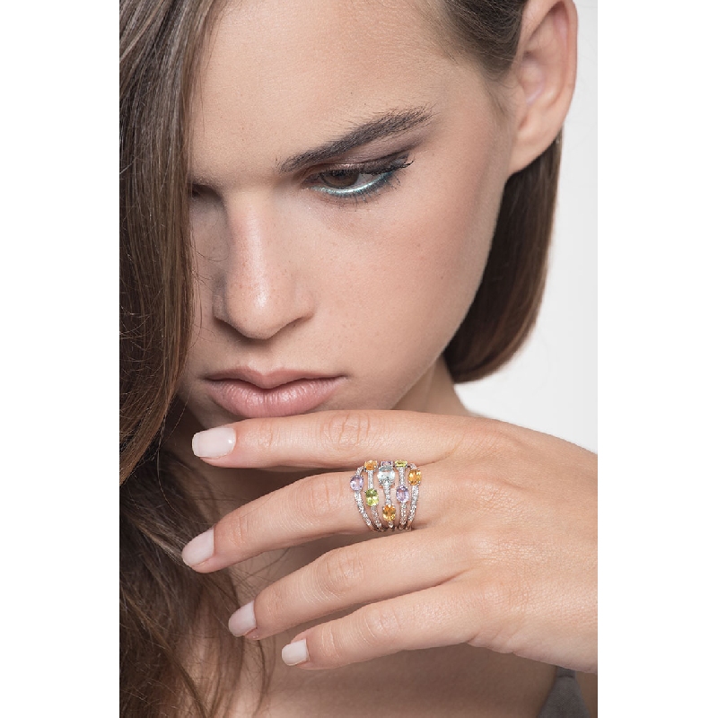 Bague bandeau en or 18ct avec péridot, citrine, améthyste, aigue-marine et diamants Bague bandeau en or 18ct avec péridot, citrine, améthyste, aigue-marine et diamants