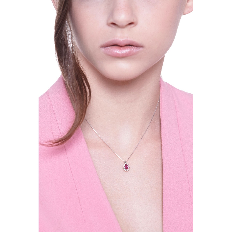 Collier halo en or blanc 18k rubis 