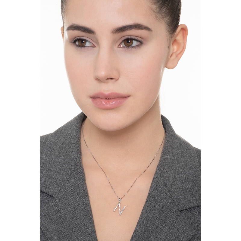 Collier en Or Blanc 18k avec Lettre N et Diamants