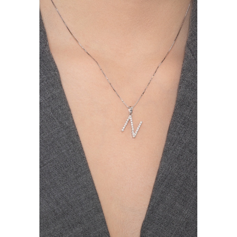 Collier en Or Blanc 18k avec Lettre N et Diamants