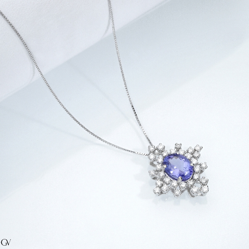 Collier Tanzanite Ovale & Diamants Halo Or Blanc 18k