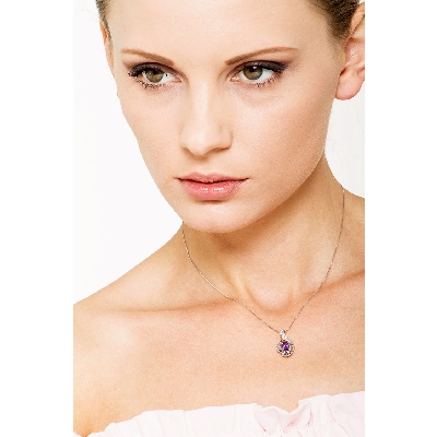 Collier Femme Améthyste Ovale & Diamants Brillants Or Blanc 18k