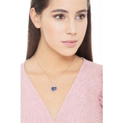 Collier Cœur Pavé Saphirs Bleus & Diamants Or Blanc 18k