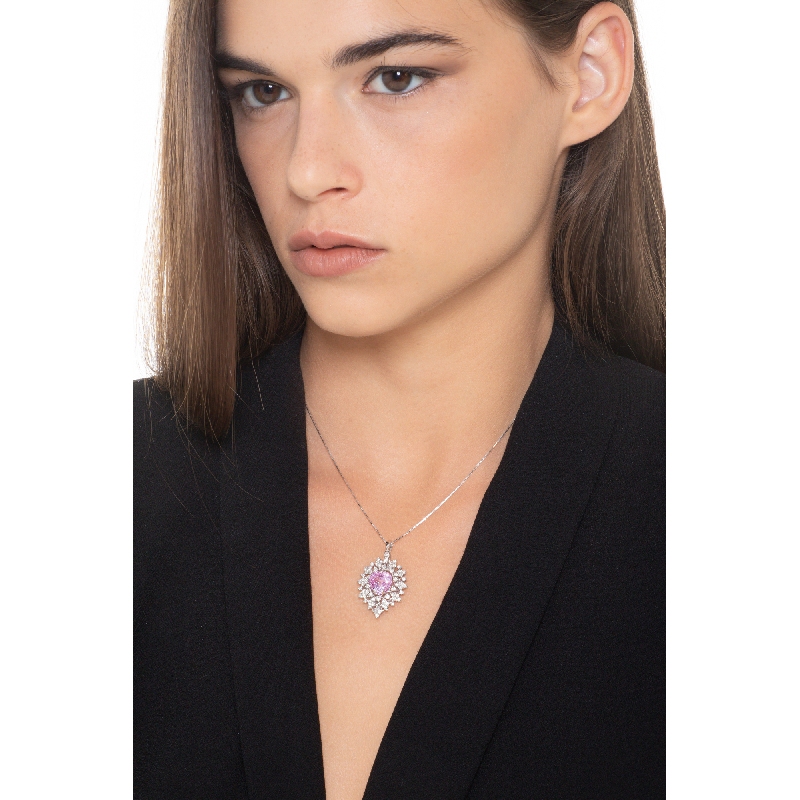 Pendentif en or blanc 18k avec saphir rose et diamants Pendentif en or blanc 18k avec saphir rose et diamants