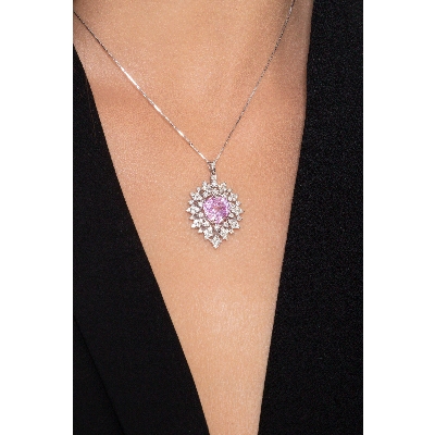 Pendentif en or blanc 18k avec saphir rose et diamants