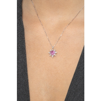 Collier saphir rose en or blanc 18k forme de fleur
