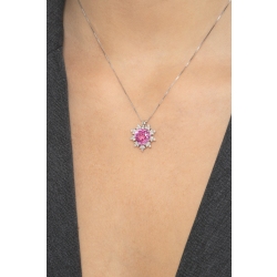 Collier or blanc 18k fleur saphir rose et pétales en diamants 2