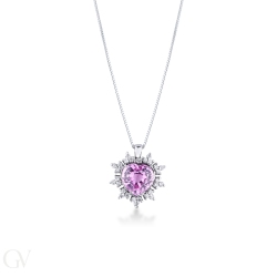 Collier or blanc 18k fleur saphir rose et pétales en diamants