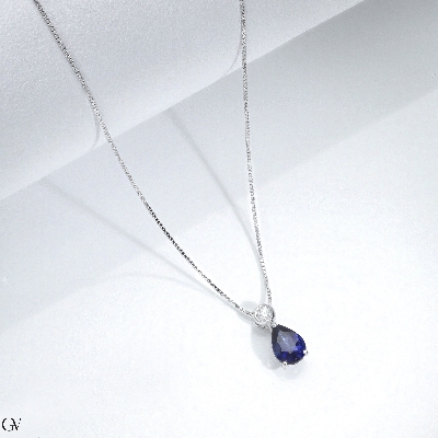 Collier en Or Blanc 18k avec Pendentif Goutte et Saphir Bleu