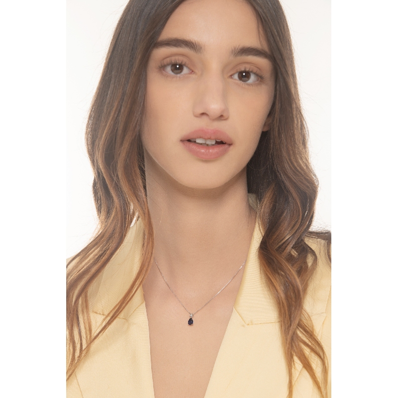 Collier en Or Blanc 18k avec Pendentif Goutte et Saphir Bleu