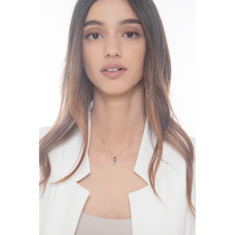 Collier en or blanc 18k avec trilogie de pierres précieuses multicolores