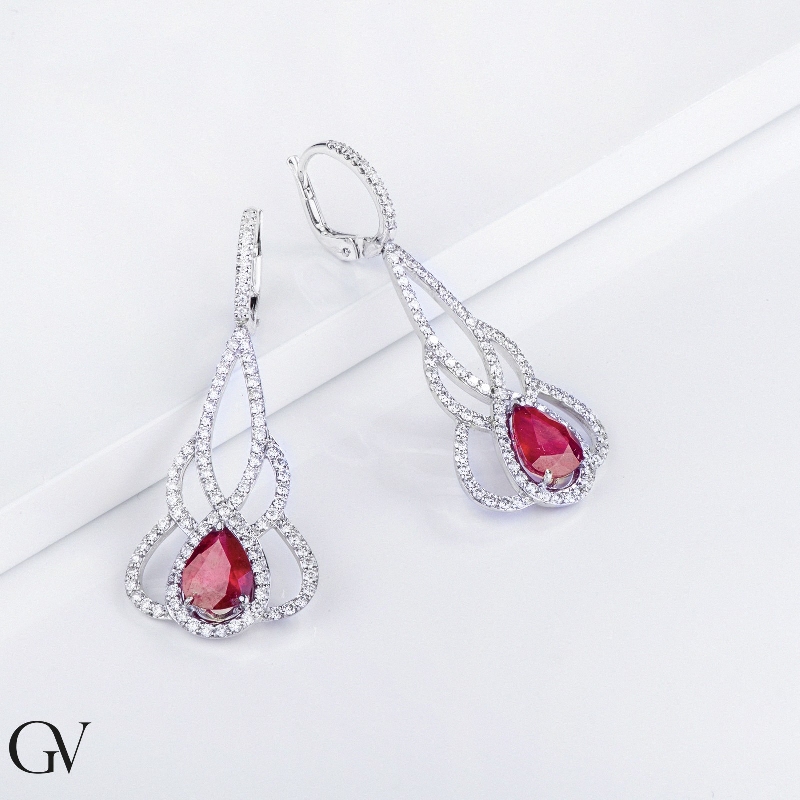 Boucles d oreilles en Or Blanc 18k avec Diamants et Rubis