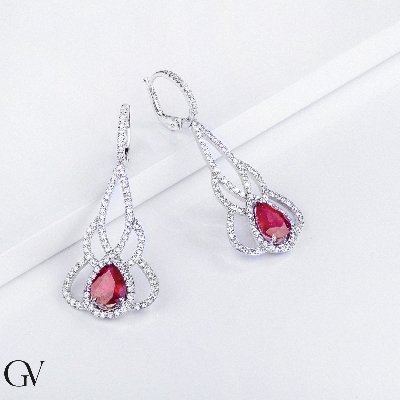 Boucles d oreilles en Or Blanc 18k avec Diamants et Rubis