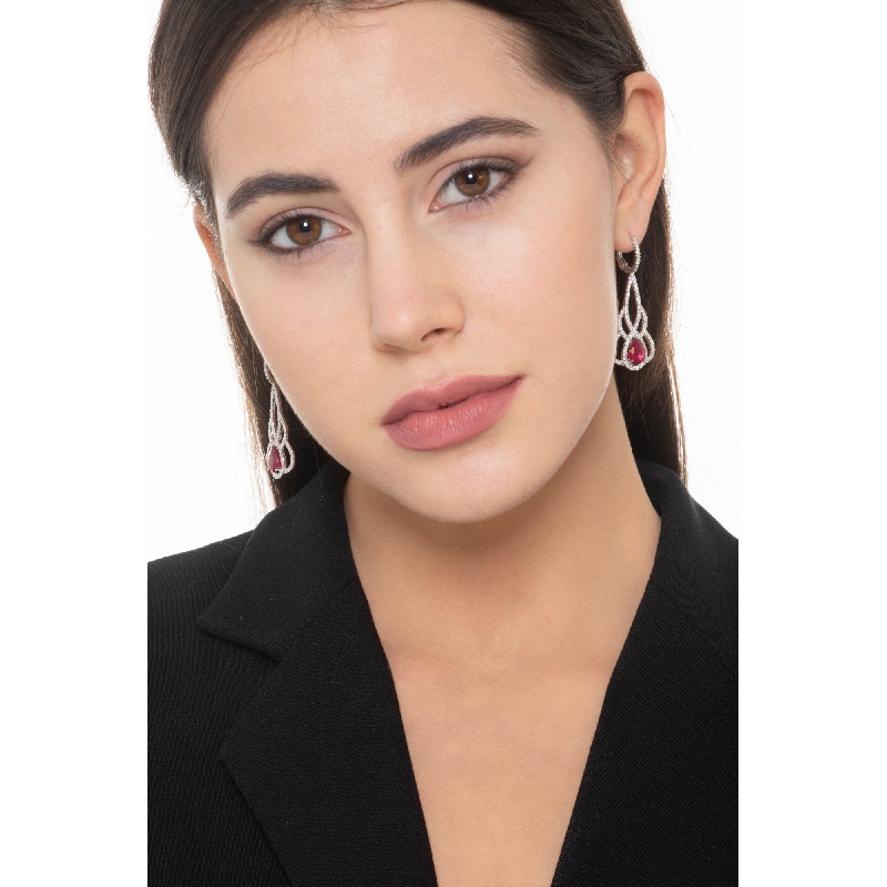 Boucles d oreilles en Or Blanc 18k avec Diamants et Rubis