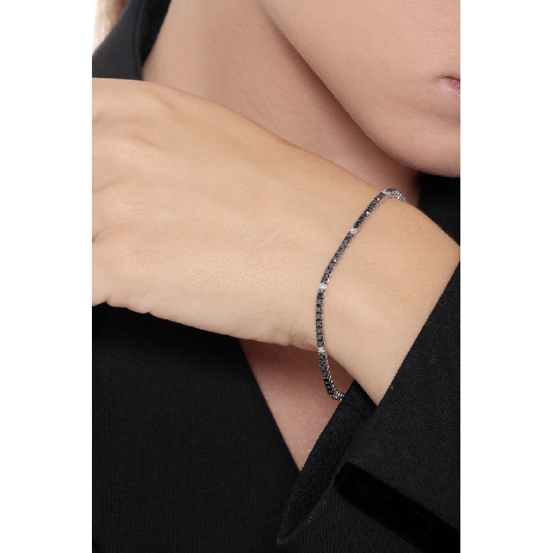 Bracelet unisex tennis fin en or blanc 18 carats avec diamants noirs et blancs