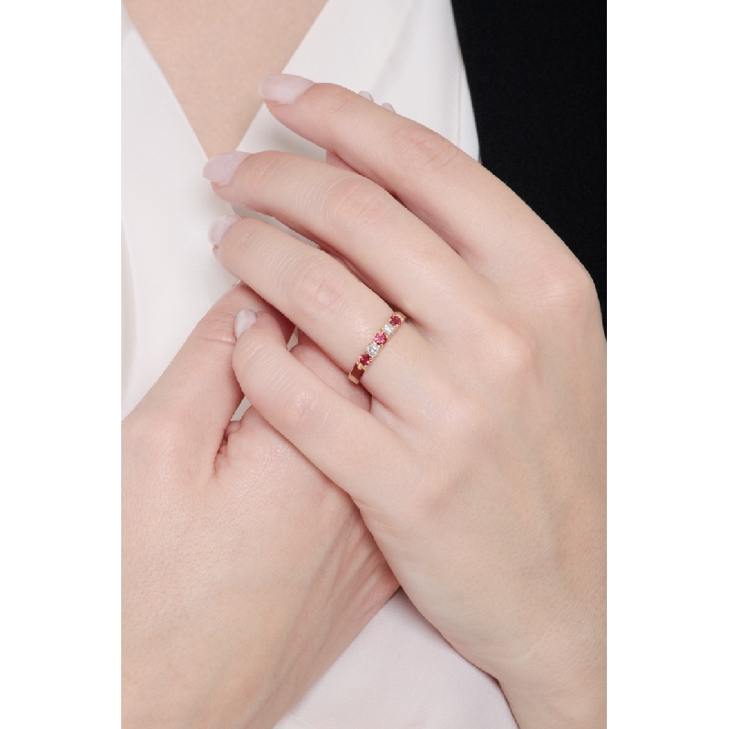 Bague Alliance 5 Pierres Or Jaune 18k Diamants et Rubis