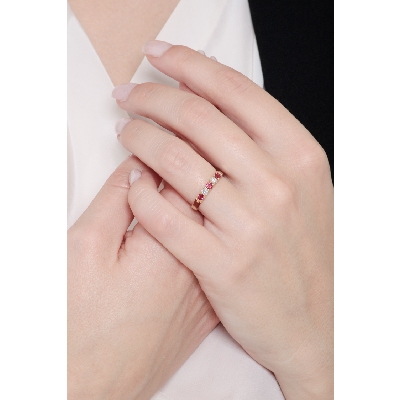 Bague Alliance 5 Pierres Or Jaune 18k Diamants et Rubis