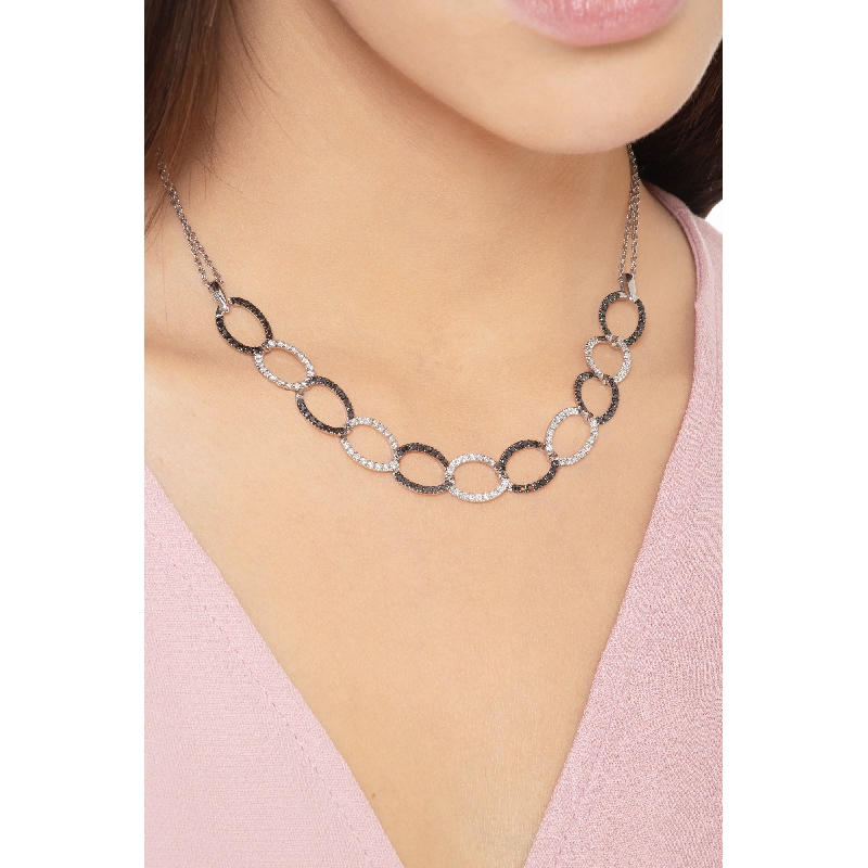 Collier gourmette or blanc 18k avec diamants noirs et blancs