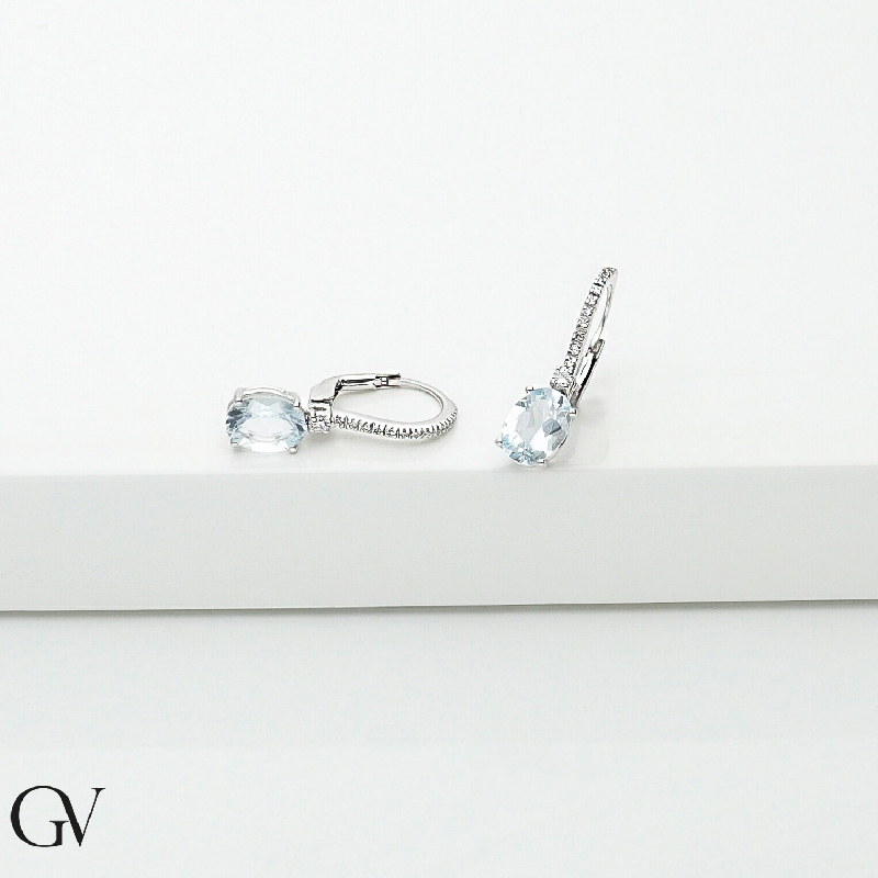 Boucles oreilles en or blanc 18 carats avec aigue marine et diamants MM8X6