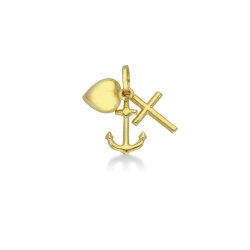 Pendentif Or Jaune 18k avec croix, cœur et ancre