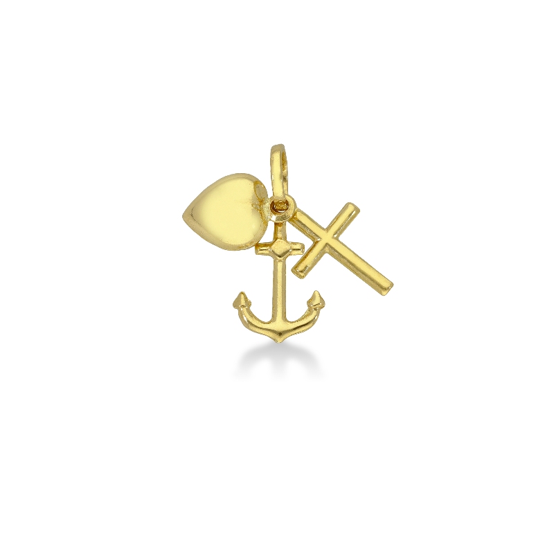 Pendentif Or Jaune 18k avec croix, cœur et ancre