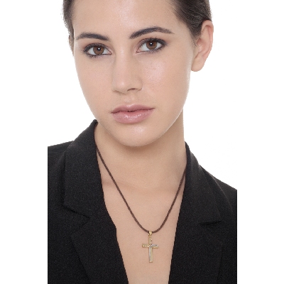  Pendentif croix en or blanc, rose et jaune diamanté